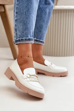 Mokasyny Damskie Z Ozdobą Eko Skórzane Białe Tialorae