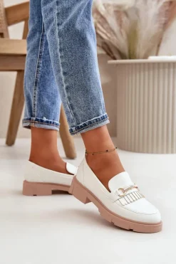 Mokasyny Damskie Z Ozdobą Eko Skórzane Białe Tialorae