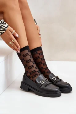 Mokasyny Damskie Z Ozdobą Eko Skórzane Czarne Tialorae