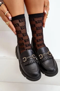 Mokasyny Damskie Z Ozdobą Eko Skórzane Czarne Tialorae