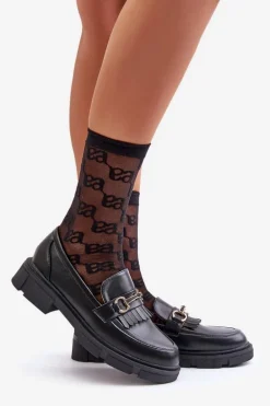 Mokasyny Damskie Z Ozdobą Eko Skórzane Czarne Tialorae