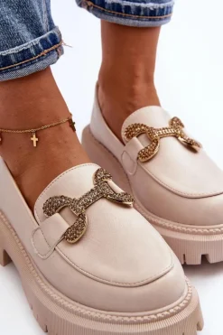 Mokasyny Damskie Z Ozdobą Jasnobeżowe Gargi