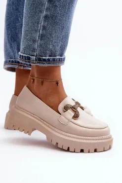 Mokasyny Damskie Z Ozdobą Jasnobeżowe Gargi