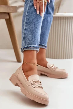 Mokasyny Damskie Z Ozdobą Eko Skórzane Beżowe Tialorae