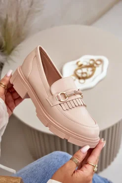 Mokasyny Damskie Z Ozdobą Eko Skórzane Beżowe Tialorae