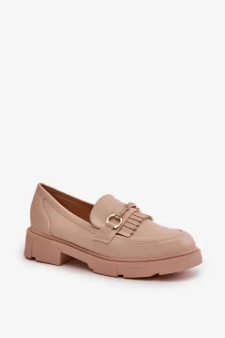 Mokasyny Damskie Z Ozdobą Eko Skórzane Beżowe Tialorae
