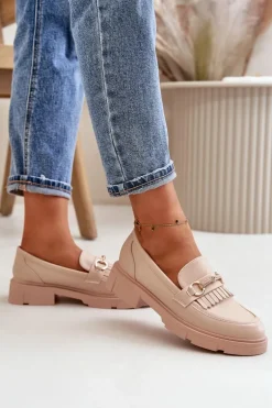Mokasyny Damskie Z Ozdobą Eko Skórzane Beżowe Tialorae