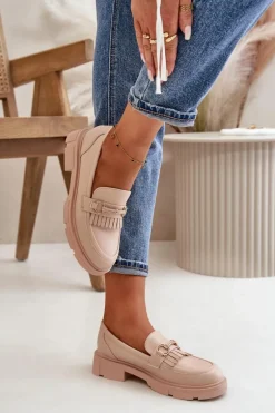 Mokasyny Damskie Z Ozdobą Eko Skórzane Beżowe Tialorae