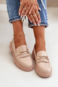 Mokasyny Damskie Z Ozdobą Eko Skórzane Beżowe Tialorae