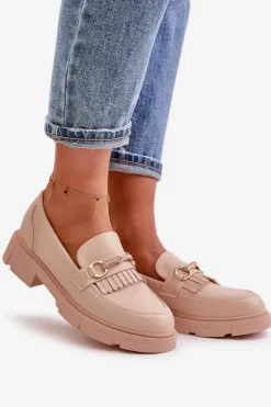 Mokasyny Damskie Z Ozdobą Eko Skórzane Beżowe Tialorae