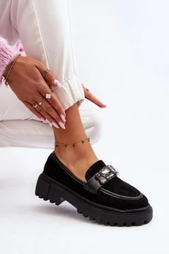 Mokasyny Damskie Z Ozdobnym Paskiem Czarne Nancille