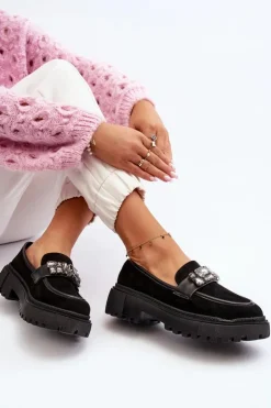 Mokasyny Damskie Z Ozdobnym Paskiem Czarne Nancille