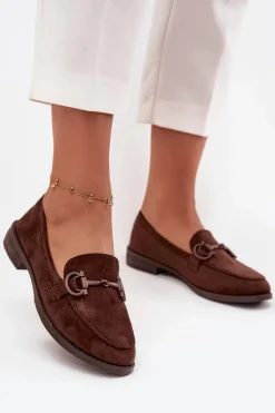 Mokasyny Damskie Z Ozdobnym Detalem Eko Zamszowe Czekoladowe Ambria