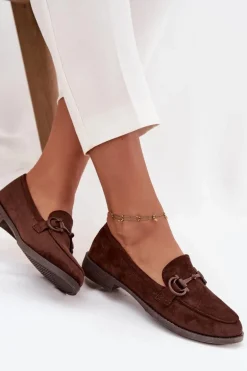 Mokasyny Damskie Z Ozdobnym Detalem Eko Zamszowe Czekoladowe Ambria