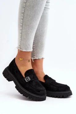 Mokasyny Damskie Z Paskiem Czarne Flanila