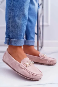 Mokasyny Damskie Z Perełkami Różowe Noell