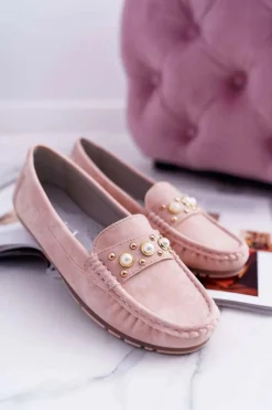 Mokasyny Damskie Z Perełkami Różowe Noell