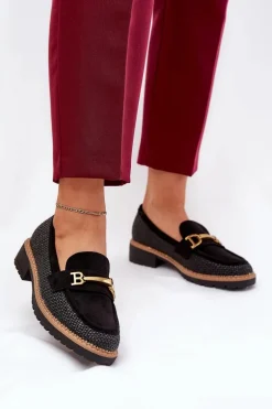 Mokasyny Damskie Z Plecionką I Złotym Detalem Czarne Seffolia