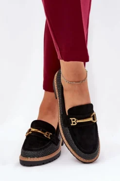 Mokasyny Damskie Z Plecionką I Złotym Detalem Czarne Seffolia