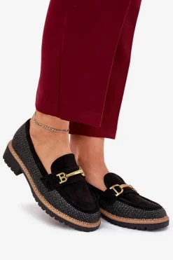 Mokasyny Damskie Z Plecionką I Złotym Detalem Czarne Seffolia