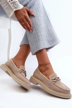 Mokasyny Damskie Zamszowe Na Płaskim Obcasie Z Ozdobą D&A TW101 Beżowe