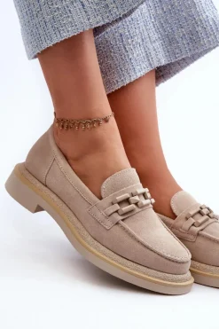 Mokasyny Damskie Zamszowe Na Płaskim Obcasie Z Ozdobą D&A TW101 Beżowe