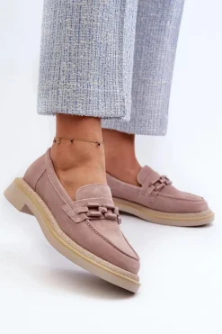 Mokasyny Damskie Zamszowe Na Płaskim Obcasie Z Ozdobą D&A TW101 Brudny Róż