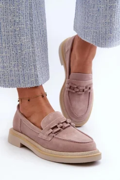 Mokasyny Damskie Zamszowe Na Płaskim Obcasie Z Ozdobą D&A TW101 Brudny Róż