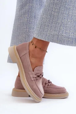 Mokasyny Damskie Zamszowe Na Płaskim Obcasie Z Ozdobą D&A TW101 Brudny Róż