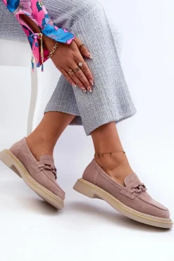 Mokasyny Damskie Zamszowe Na Płaskim Obcasie Z Ozdobą D&A TW101 Brudny Róż