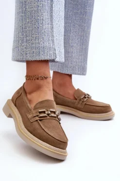 Mokasyny Damskie Zamszowe Na Płaskim Obcasie Z Ozdobą D&A TW101 Brązowe