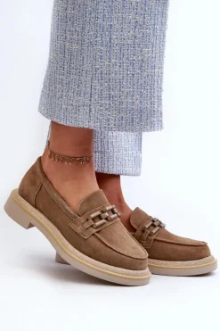 Mokasyny Damskie Zamszowe Na Płaskim Obcasie Z Ozdobą D&A TW101 Brązowe