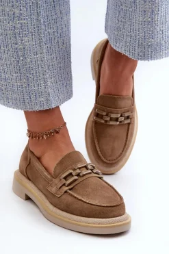 Mokasyny Damskie Zamszowe Na Płaskim Obcasie Z Ozdobą D&A TW101 Brązowe