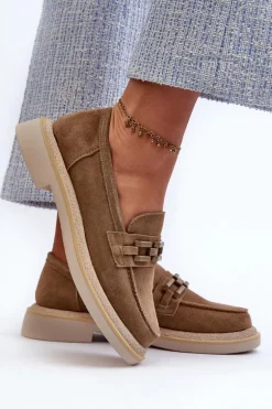 Mokasyny Damskie Zamszowe Na Płaskim Obcasie Z Ozdobą D&A TW101 Brązowe