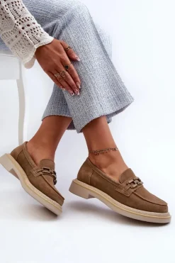 Mokasyny Damskie Zamszowe Na Płaskim Obcasie Z Ozdobą D&A TW101 Brązowe