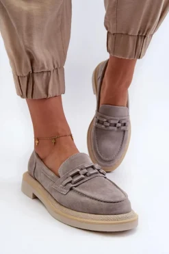 Mokasyny Damskie Zamszowe Na Płaskim Obcasie Z Ozdobą D&A TW101 Szare