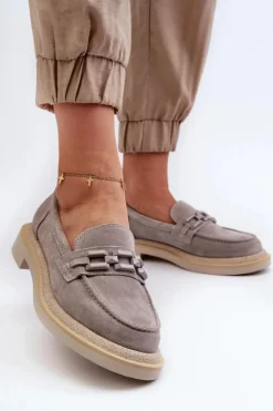 Mokasyny Damskie Zamszowe Na Płaskim Obcasie Z Ozdobą D&A TW101 Szare