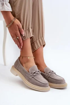 Mokasyny Damskie Zamszowe Na Płaskim Obcasie Z Ozdobą D&A TW101 Szare