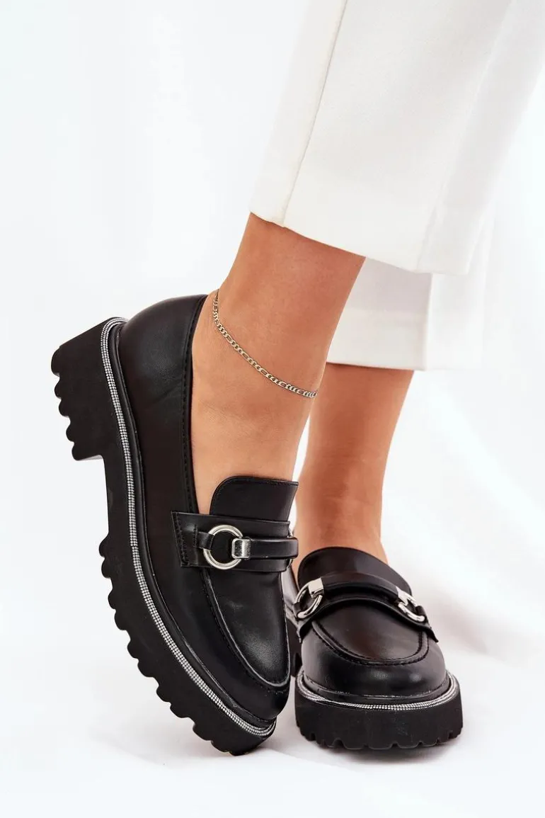 Mokasyny Damskie Zdobione Cyrkoniami Czarne Patina