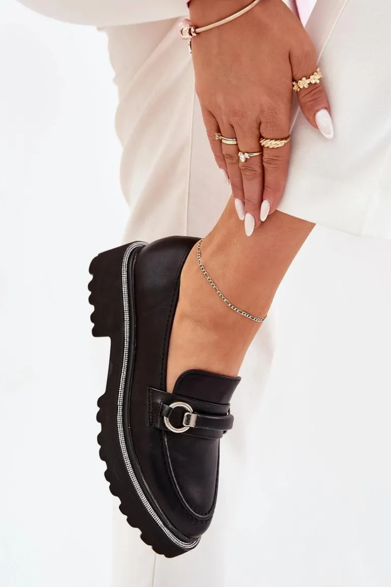 Mokasyny Damskie Zdobione Cyrkoniami Czarne Patina