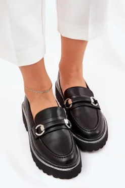 Mokasyny Damskie Zdobione Cyrkoniami Czarne Patina