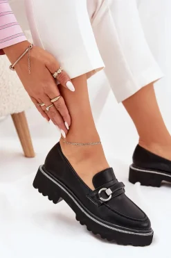 Mokasyny Damskie Zdobione Cyrkoniami Czarne Patina