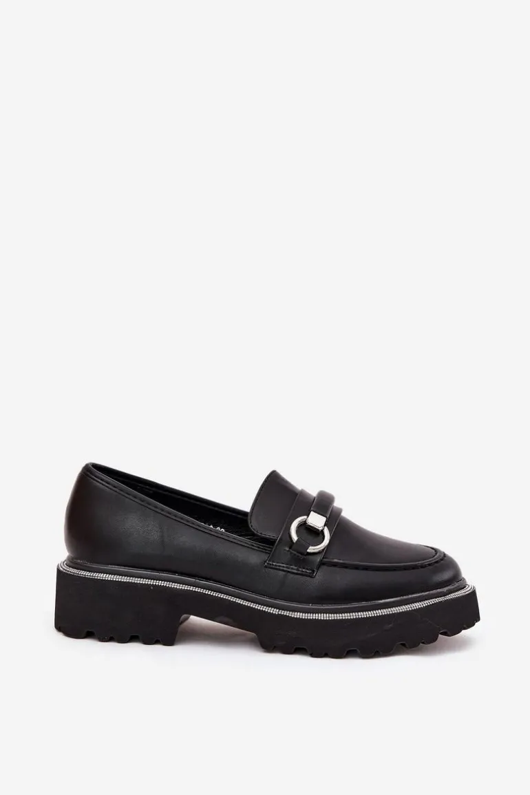 Mokasyny Damskie Zdobione Cyrkoniami Czarne Patina