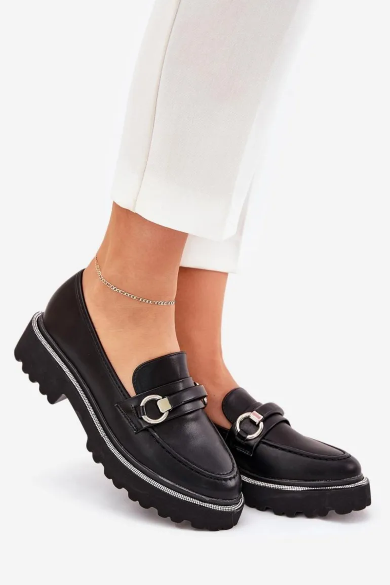 Mokasyny Damskie Zdobione Cyrkoniami Czarne Patina