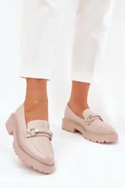 Mokasyny Damskie Zdobione Cyrkoniami Beżowe Patina