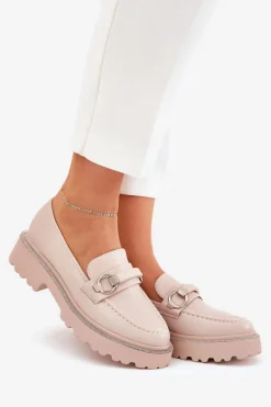 Mokasyny Damskie Zdobione Cyrkoniami Beżowe Patina