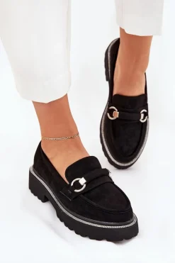 Mokasyny Damskie Zdobione Cyrkoniami Czarne Patina