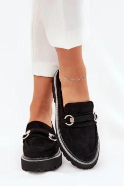 Mokasyny Damskie Zdobione Cyrkoniami Czarne Patina