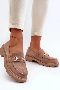 Mokasyny Damskie Ze Złotą Ozdobą Eko Zamszowe Brązowe Lighas