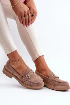 Mokasyny Damskie Ze Złotą Ozdobą Eko Zamszowe Brązowe Lighas